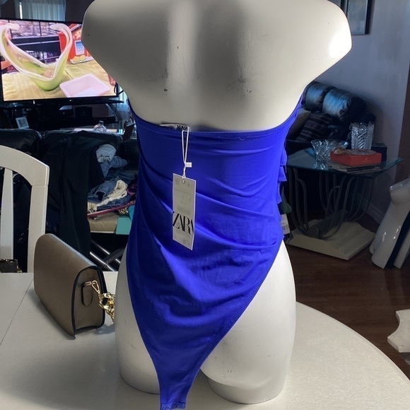 ZARA RUCHED DRAPED PED STRAPLESS BODYSUIT ELECTRIC BLUE SZ L - Picture 12 of 12
